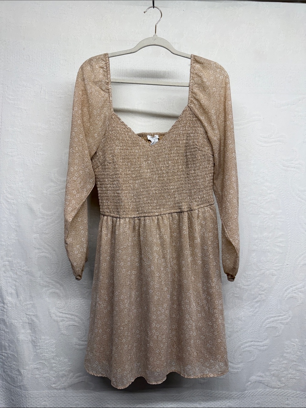 Beige Floral Smocked Long-Sleeve Dress